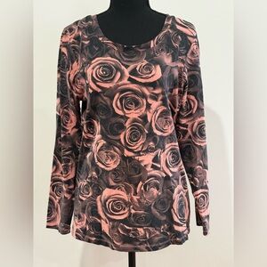 D&Co M Women's Rose Print Long Sleeve Top - Pink/Black 763